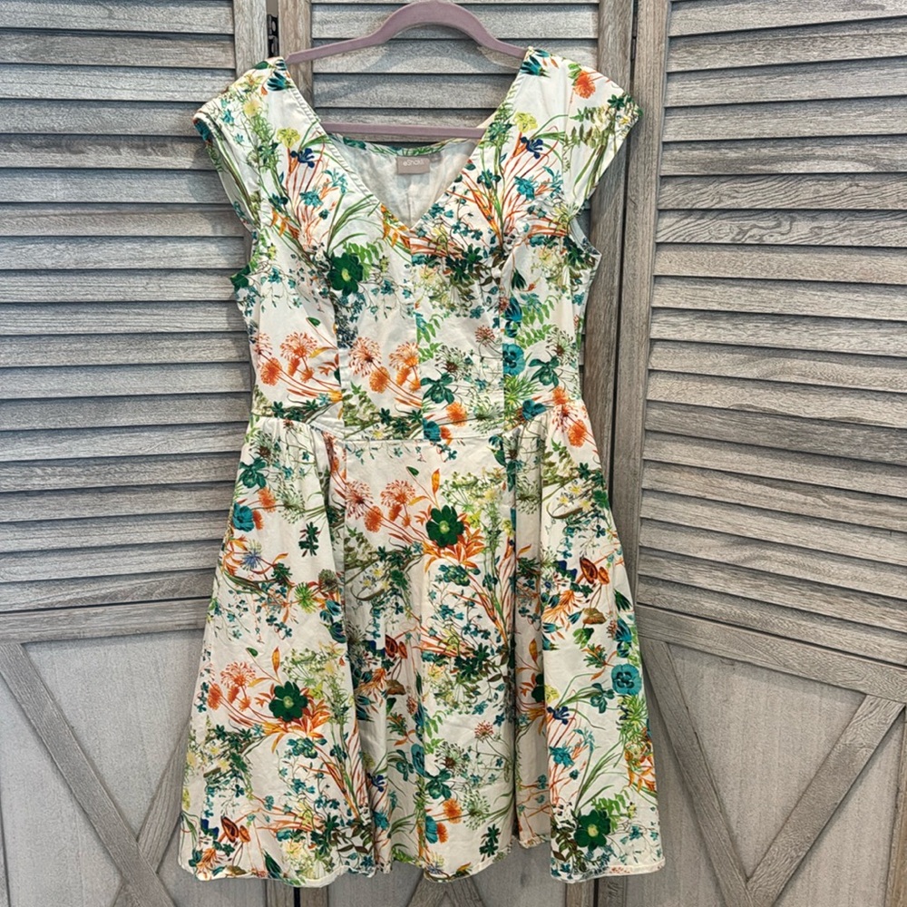 eshakti Cream Floral Fit-and-Flare Dress with Green & Teal Accents